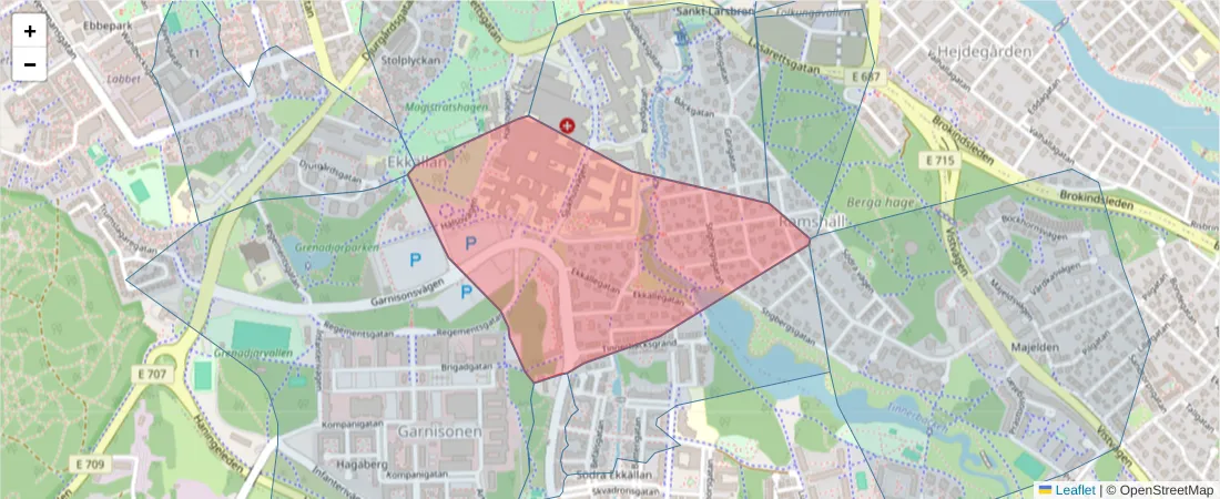Karta över postnummerområdet  och angränsande postnummer i Sverige