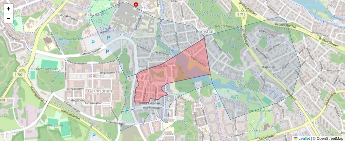 Karta över postnummerområdet  och angränsande postnummer i Sverige