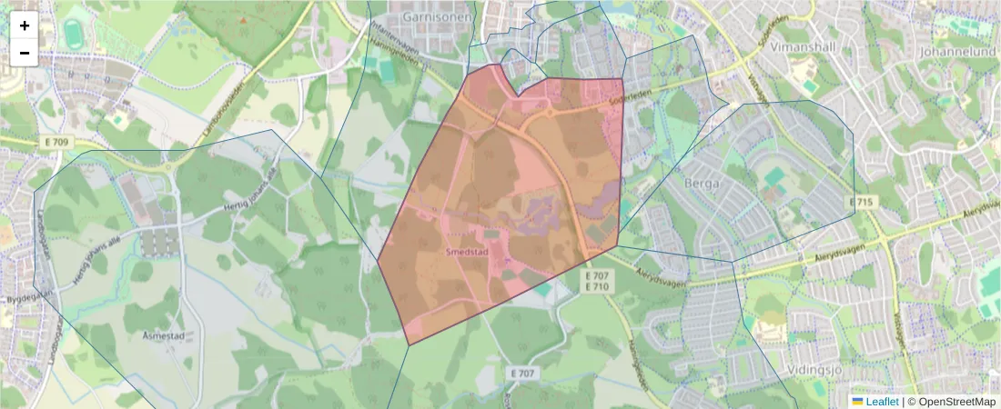 Karta över postnummerområdet  och angränsande postnummer i Sverige