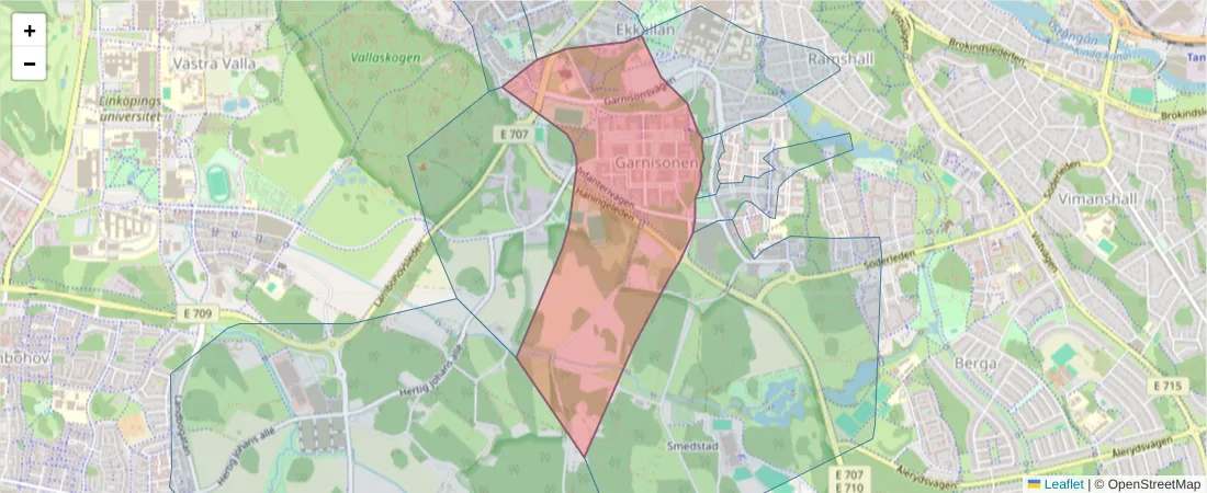 Karta över postnummerområdet  och angränsande postnummer i Sverige