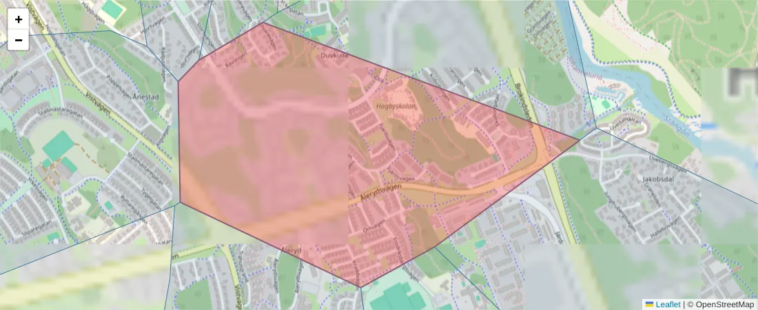 Karta över postnummerområdet  och angränsande postnummer i Sverige