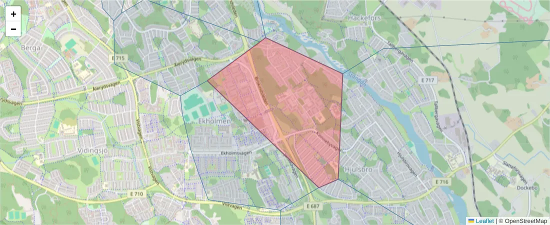 Karta över postnummerområdet  och angränsande postnummer i Sverige