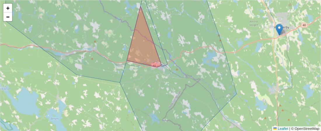 Karta över postnummerområdet  och angränsande postnummer i Sverige