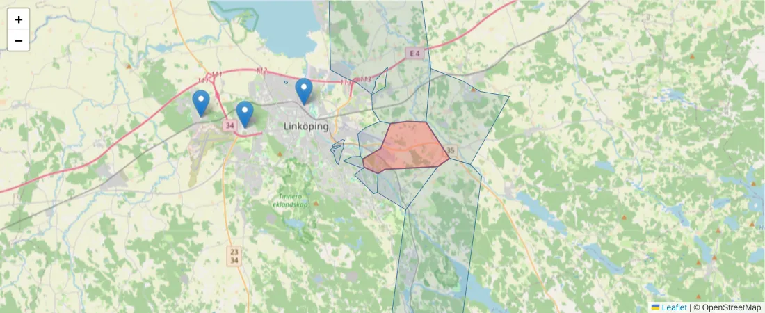 Karta över postnummerområdet  och angränsande postnummer i Sverige