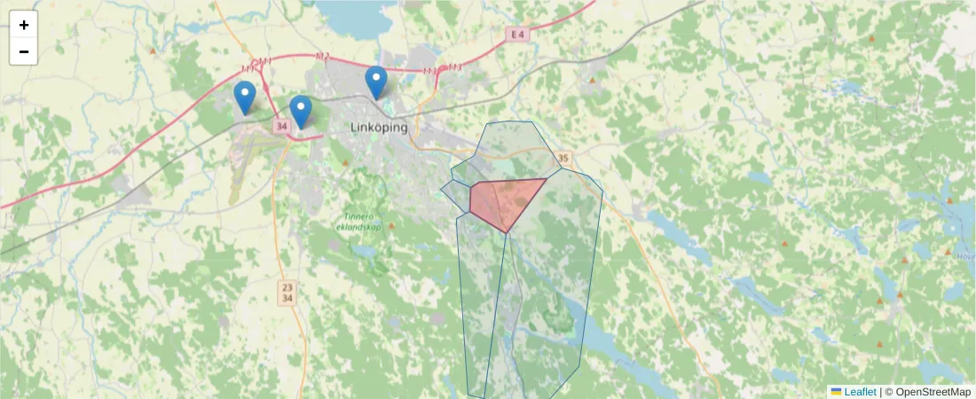 Karta över postnummerområdet  och angränsande postnummer i Sverige