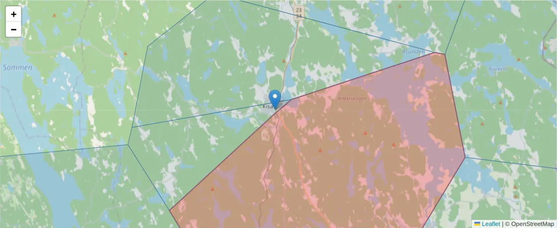 Karta över postnummerområdet  och angränsande postnummer i Sverige