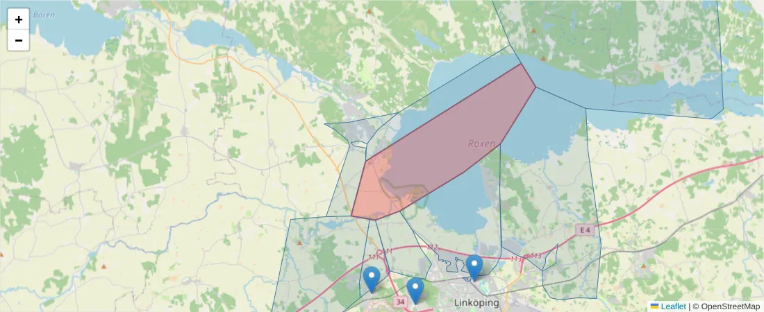 Karta över postnummerområdet  och angränsande postnummer i Sverige