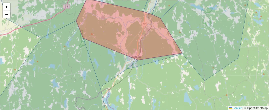 Karta över postnummerområdet  och angränsande postnummer i Sverige