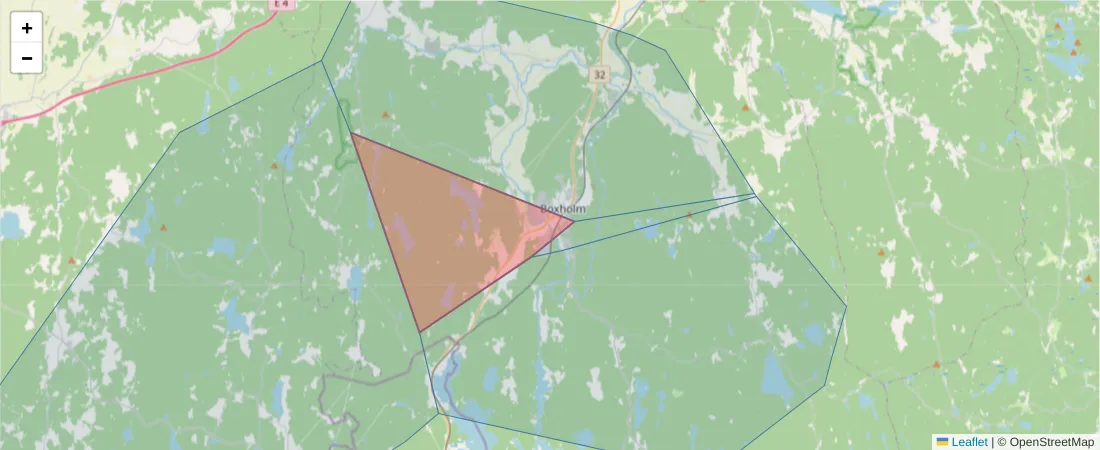 Karta över postnummerområdet  och angränsande postnummer i Sverige