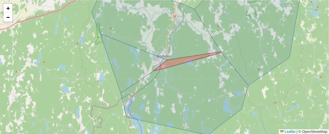 Karta över postnummerområdet  och angränsande postnummer i Sverige