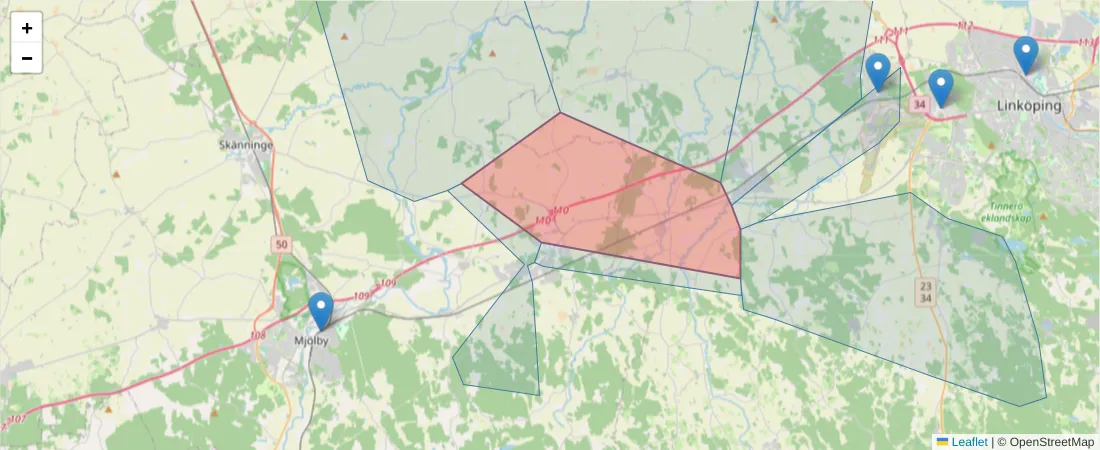 Karta över postnummerområdet  och angränsande postnummer i Sverige