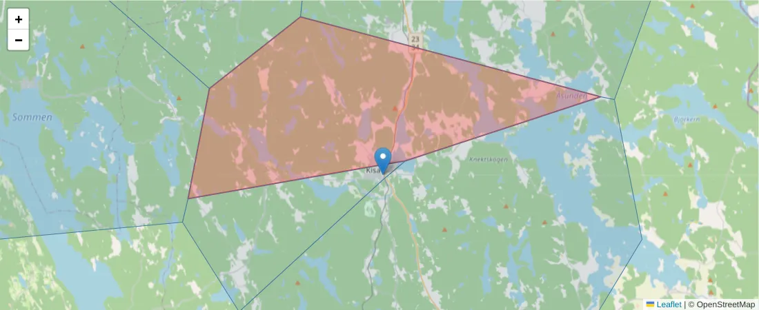 Karta över postnummerområdet  och angränsande postnummer i Sverige