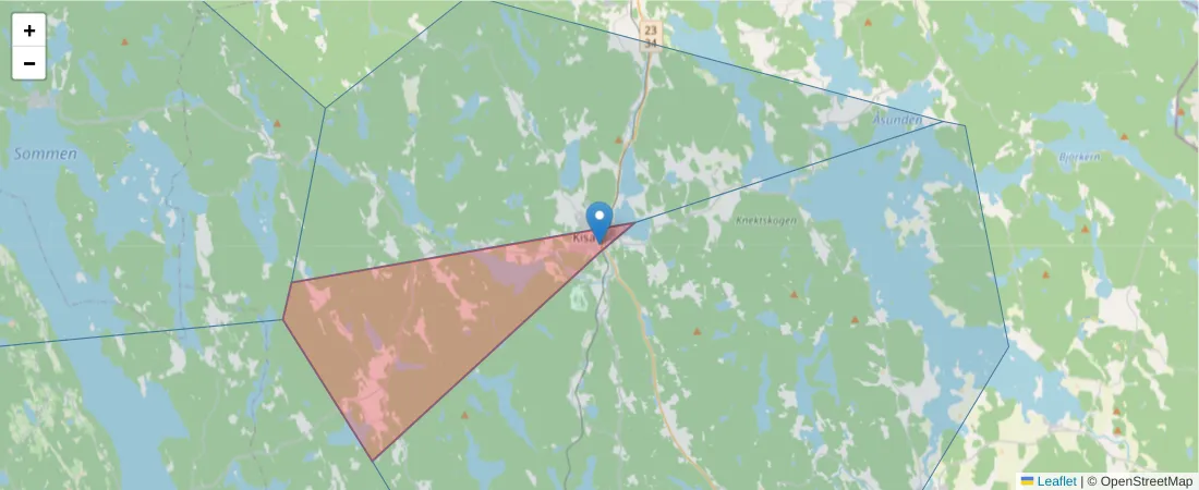 Karta över postnummerområdet  och angränsande postnummer i Sverige