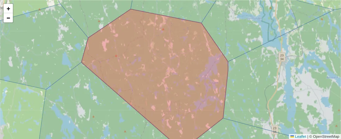 Karta över postnummerområdet  och angränsande postnummer i Sverige