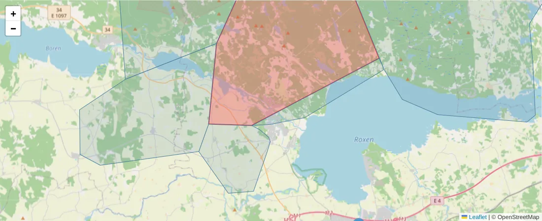 Karta över postnummerområdet  och angränsande postnummer i Sverige