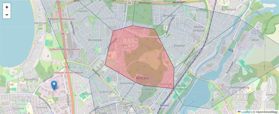 Karta över postnummerområdet  och angränsande postnummer i Sverige