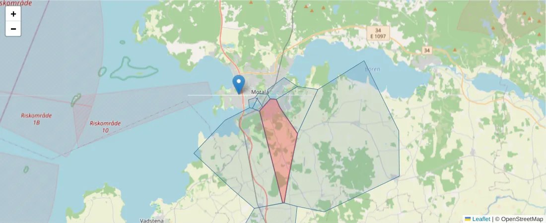 Karta över postnummerområdet  och angränsande postnummer i Sverige