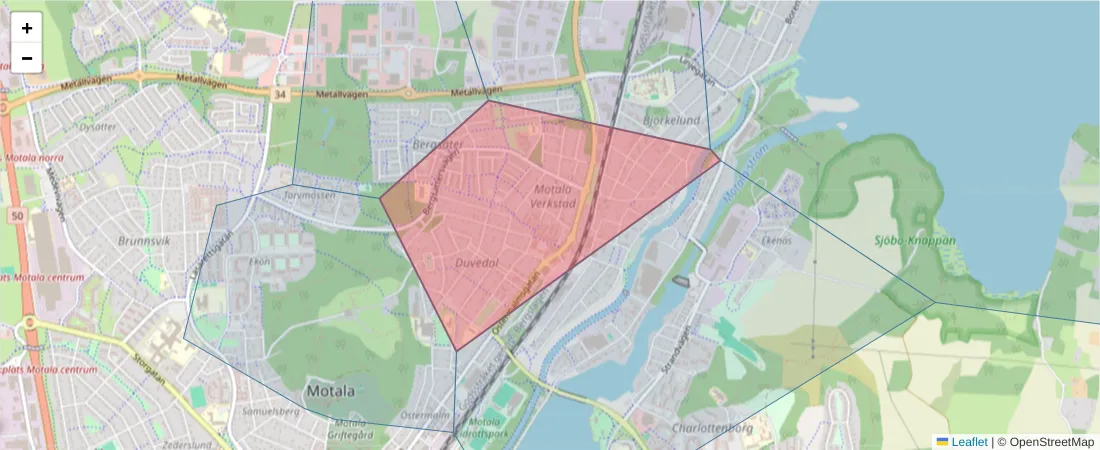 Karta över postnummerområdet  och angränsande postnummer i Sverige
