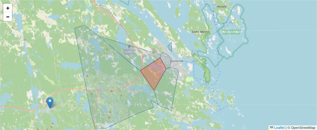 Karta över postnummerområdet  och angränsande postnummer i Sverige