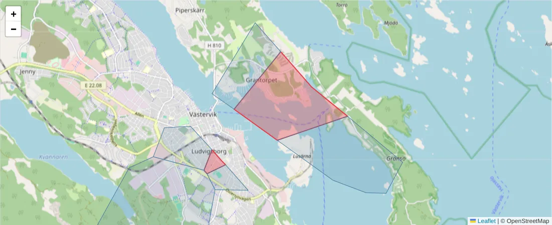 Karta över postnummerområdet  och angränsande postnummer i Sverige