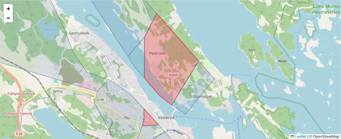Karta över postnummerområdet  och angränsande postnummer i Sverige