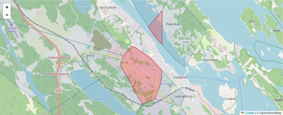 Karta över postnummerområdet  och angränsande postnummer i Sverige