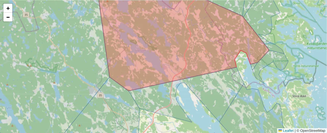 Karta över postnummerområdet  och angränsande postnummer i Sverige