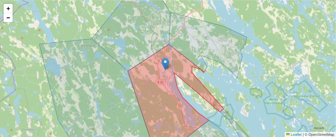 Karta över postnummerområdet  och angränsande postnummer i Sverige
