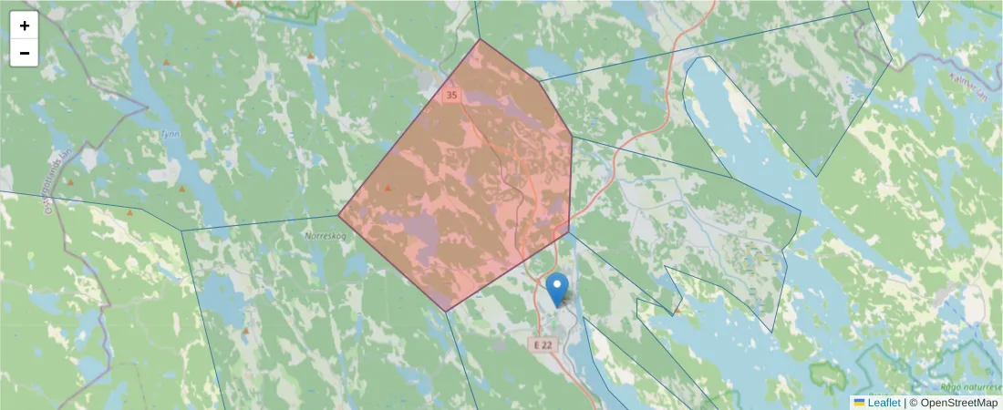 Karta över postnummerområdet  och angränsande postnummer i Sverige