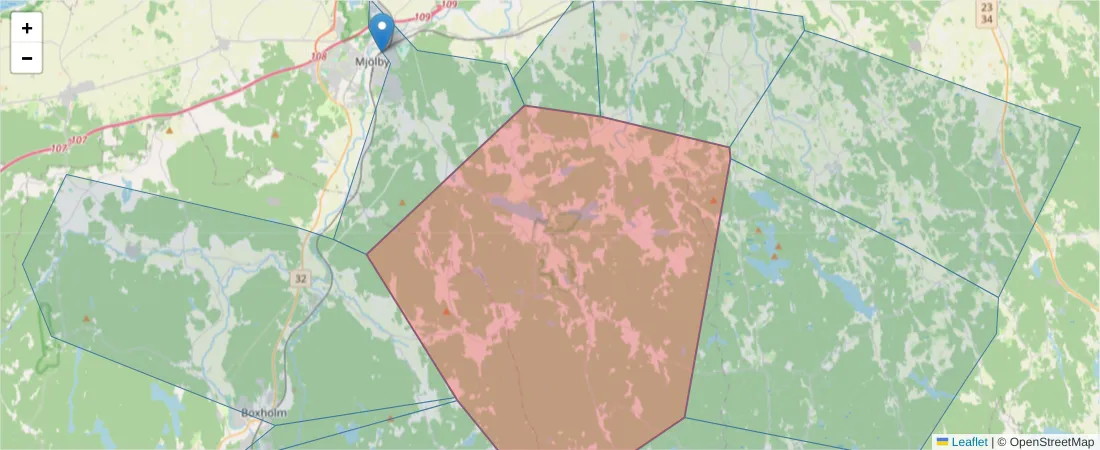 Karta över postnummerområdet  och angränsande postnummer i Sverige