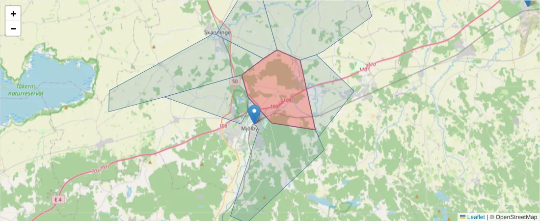 Karta över postnummerområdet  och angränsande postnummer i Sverige