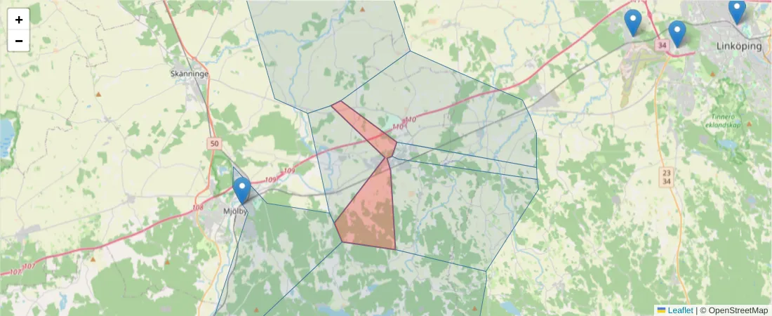 Karta över postnummerområdet  och angränsande postnummer i Sverige