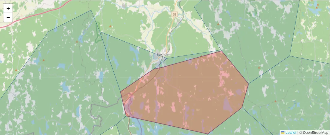 Karta över postnummerområdet  och angränsande postnummer i Sverige