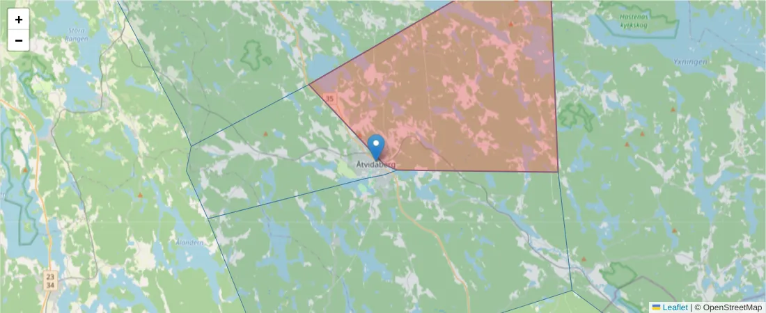 Karta över postnummerområdet  och angränsande postnummer i Sverige