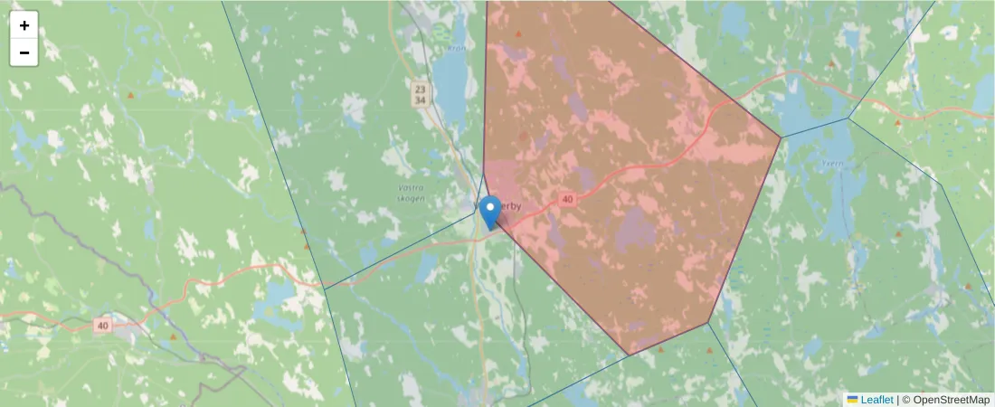 Karta över postnummerområdet  och angränsande postnummer i Sverige