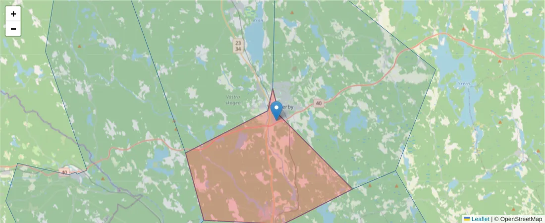 Karta över postnummerområdet  och angränsande postnummer i Sverige