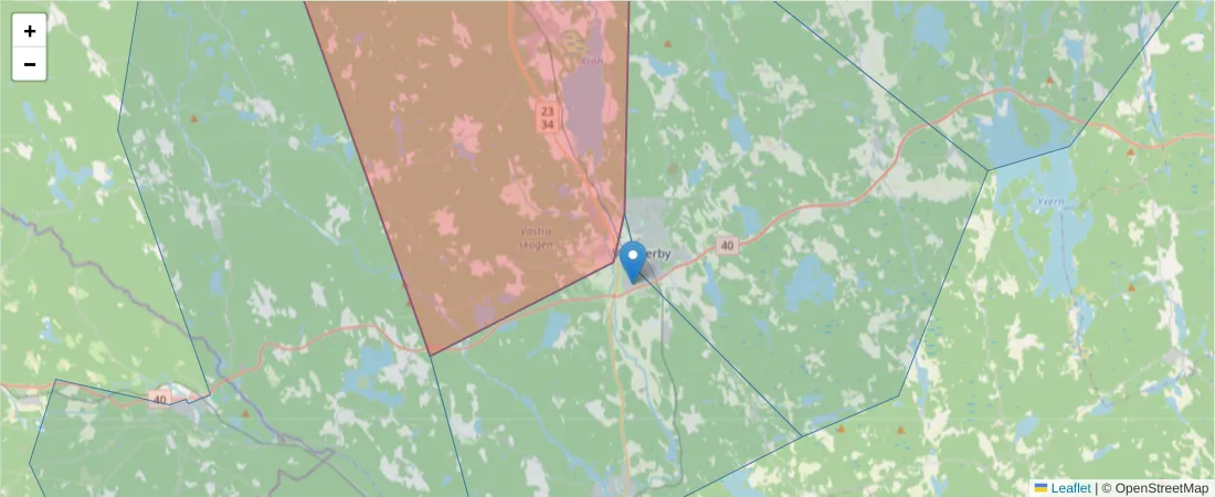 Karta över postnummerområdet  och angränsande postnummer i Sverige