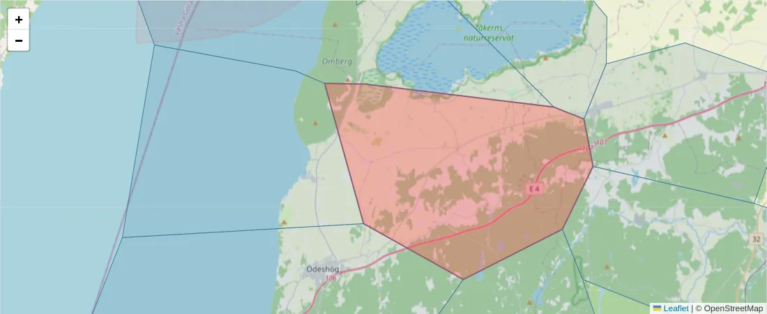 Karta över postnummerområdet  och angränsande postnummer i Sverige