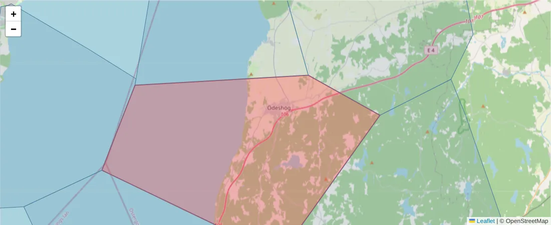 Karta över postnummerområdet  och angränsande postnummer i Sverige