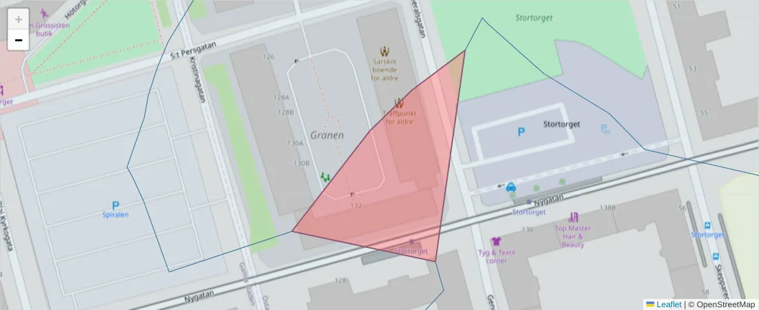 Karta över postnummerområdet  och angränsande postnummer i Sverige
