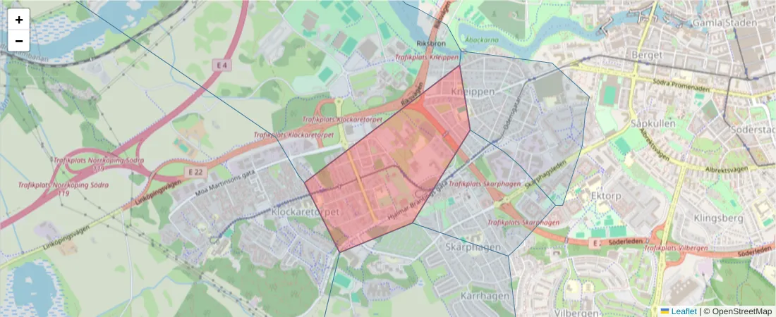 Karta över postnummerområdet  och angränsande postnummer i Sverige