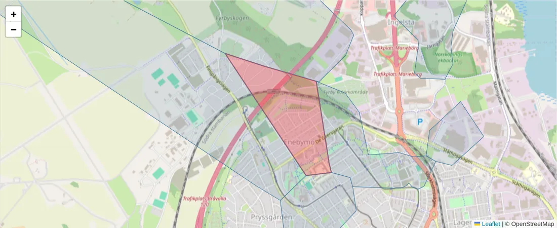 Karta över postnummerområdet  och angränsande postnummer i Sverige