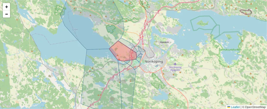 Karta över postnummerområdet  och angränsande postnummer i Sverige