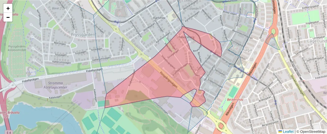 Karta över postnummerområdet  och angränsande postnummer i Sverige