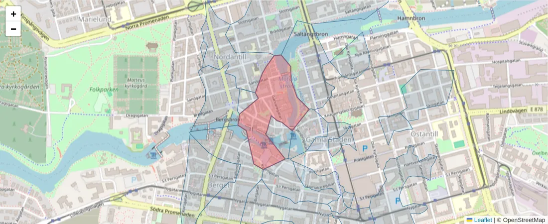 Karta över postnummerområdet  och angränsande postnummer i Sverige