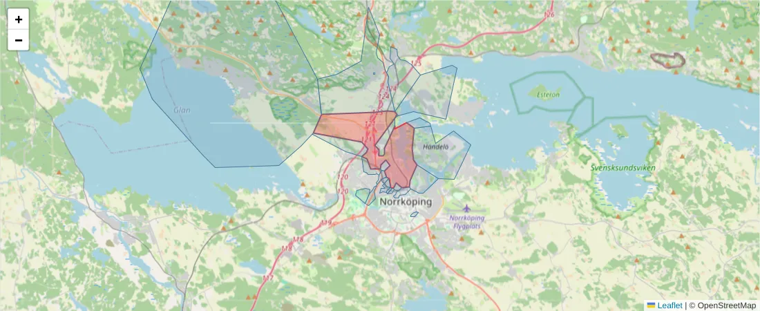 Karta över postnummerområdet  och angränsande postnummer i Sverige