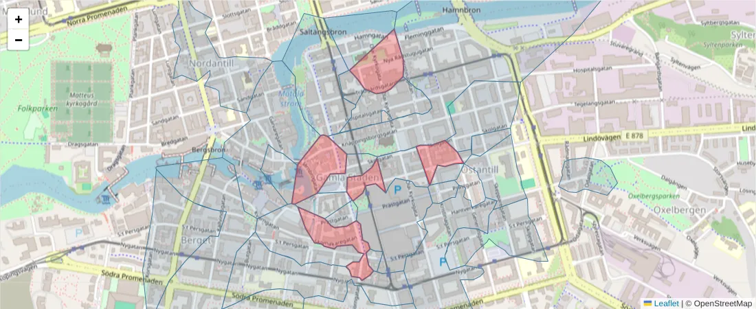 Karta över postnummerområdet  och angränsande postnummer i Sverige