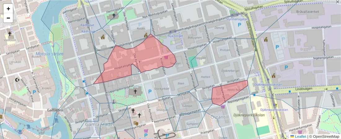 Karta över postnummerområdet  och angränsande postnummer i Sverige