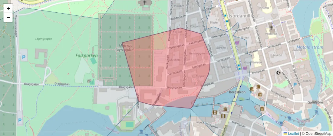 Karta över postnummerområdet  och angränsande postnummer i Sverige