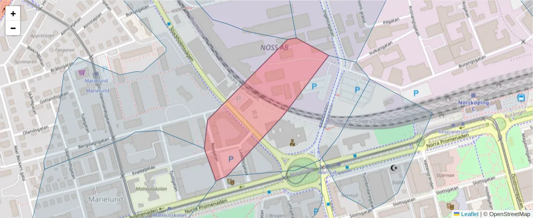 Karta över postnummerområdet  och angränsande postnummer i Sverige